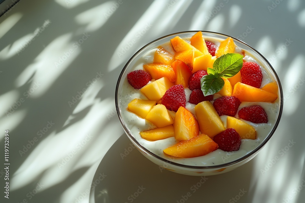 A Bowl of Fruit Salad with Yogurt Dressing on a White Table A Bowl of Fruit Salad with Yogurt Dressing on a White Table
