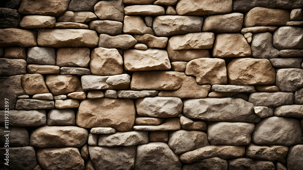 Close-up of a rustic stone wall with varying shades of brown and gray stones. Close-up of a rustic stone wall with varying shades of brown and gray stones.