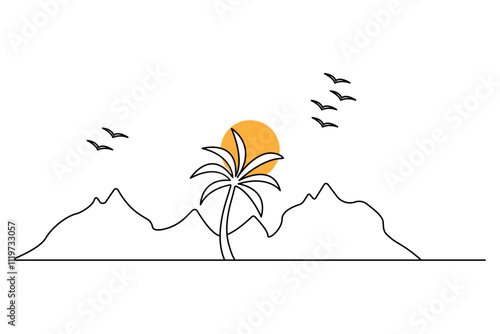 Mountain continuous one line art drawing with outline vector illustration