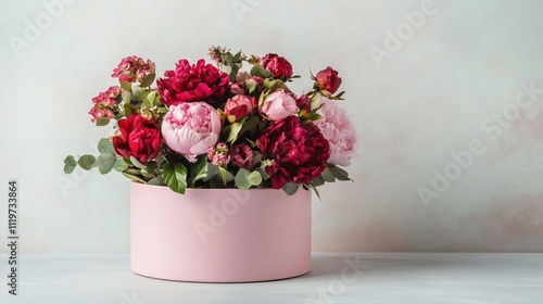 Wallpaper Mural The light pink, round gift box contains beautiful flowers, including roses and peonies in red, pink, and green colors. The background is a white wall Torontodigital.ca