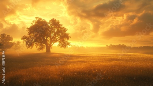 A lone tree stands silhouetted against a fiery sunrise, casting long shadows across a field of golden grass.