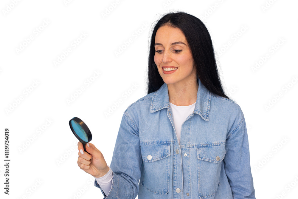 Businesswoman examining a document with a magnifying glass Businesswoman examining a document with a magnifying glass