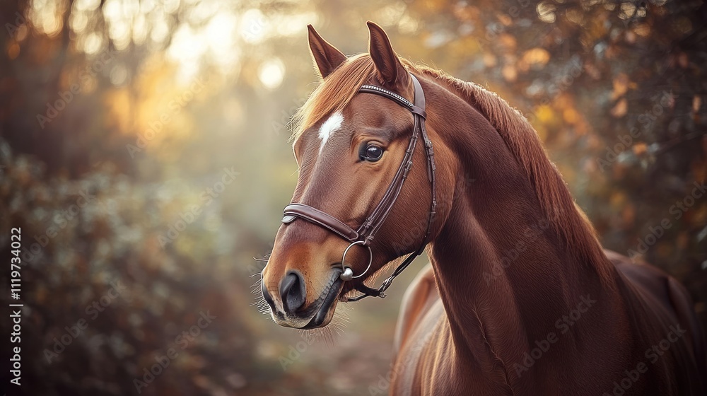 Obraz premium A chestnut horse with a white star on its forehead stands in a forest, bathed in the warm light of the setting sun.