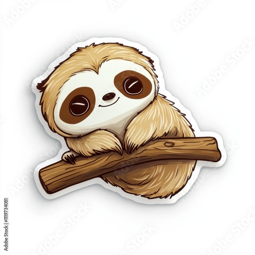 Cute cartoon sloth resting on a branch. photo