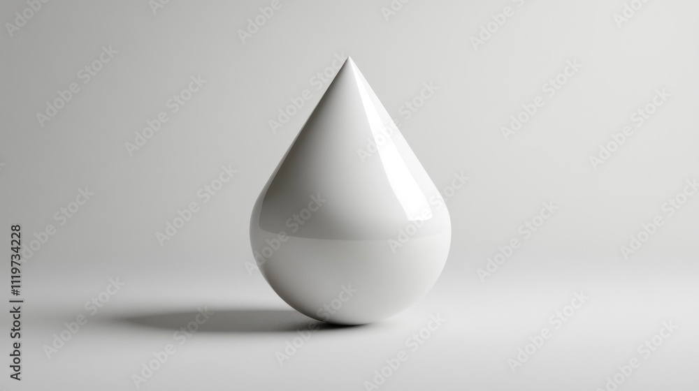 Fototapeta premium A single, white, glossy teardrop-shaped object sits on a white surface, casting a shadow.