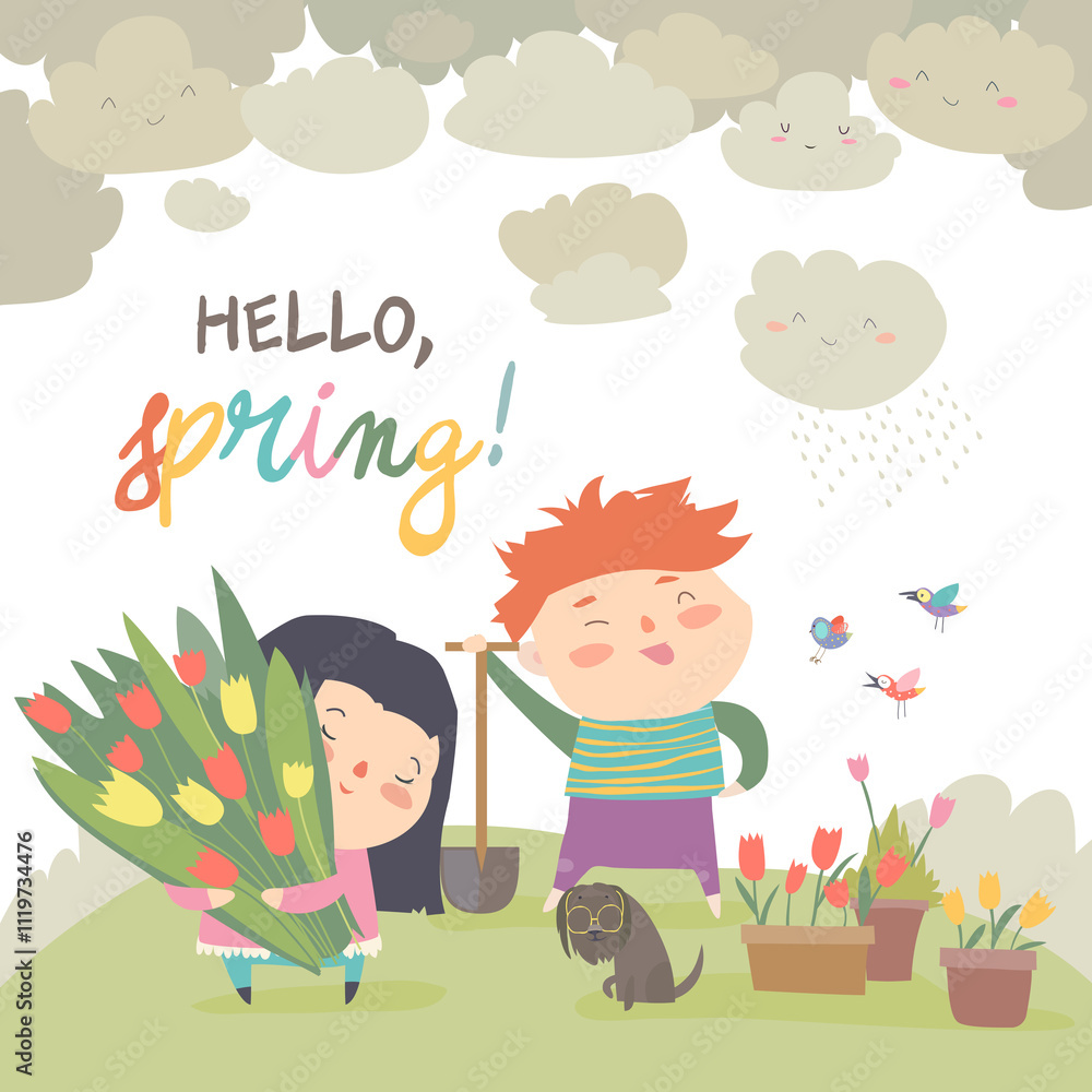 Cute cartoon boy and girl with spring flowers. Vector illustration Cute cartoon boy and girl with spring flowers. Vector illustration