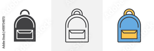 Backpack icon collection in black and colored style.