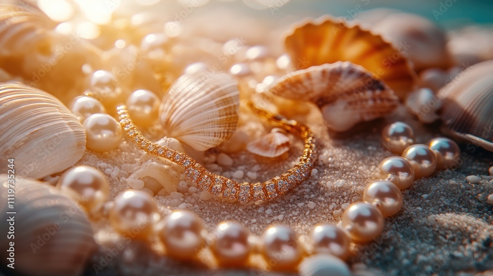A golden chain bracelet with pearls and seashells on a beach. A golden chain bracelet with pearls and seashells on a beach.