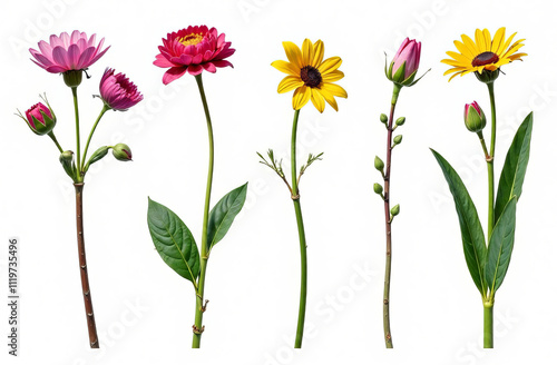 Set of different buds of different flowers without stems, only heads on a white background