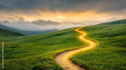 The winding trail, illuminated by radiant beams of light, beckons travelers onward towards an ethereal horizon where the promise of untold wonders and mysteries await