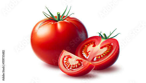 Isolated tomato. Whole and cut fresh tomatoes isolated on white background with clipping path