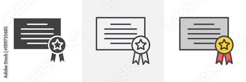 Certificate icon collection in black and colored style.