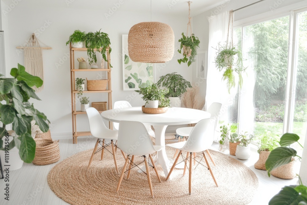 Fototapeta premium Bright airy dining room Scandinavian design white walls