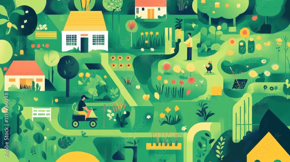 Idyllic suburban garden scene with houses, people gardening, and lush greenery. Idyllic suburban garden scene with houses, people gardening, and lush greenery.
