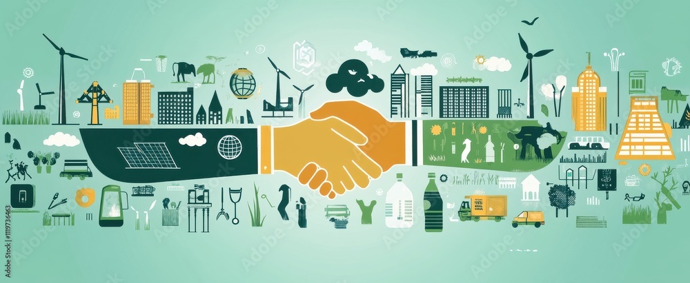 Obraz premium Flat illustration showcasing ecological and sustainable concepts with urban and rural icons
