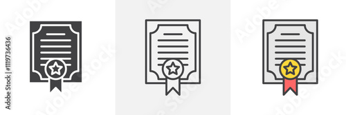 Diploma icon collection in black and colored style.