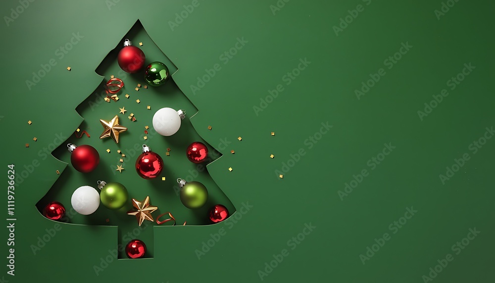 Christmas Tree Cutout with Red & Green Ornaments, Snowflakes, and Stars on Green Backdrop—Holiday Creativity and Joy Christmas Tree Cutout with Red & Green Ornaments, Snowflakes, and Stars on Green Backdrop—Holiday Creativity and Joy