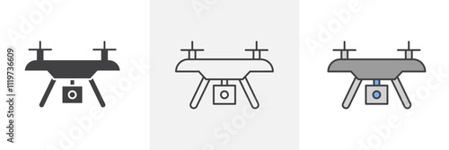 Drone icon collection in black and colored style.