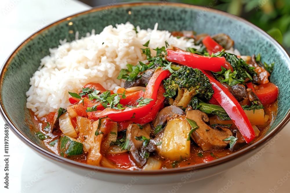 A Bowl of Rice with Stir-Fried Vegetables on a White Table A Bowl of Rice with Stir-Fried Vegetables on a White Table