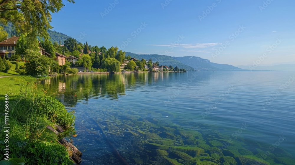 A serene view of the Lake Neuch??tel, with its calm waters, lush green banks, and picturesque villages A serene view of the Lake Neuch??tel, with its calm waters, lush green banks, and picturesque villages