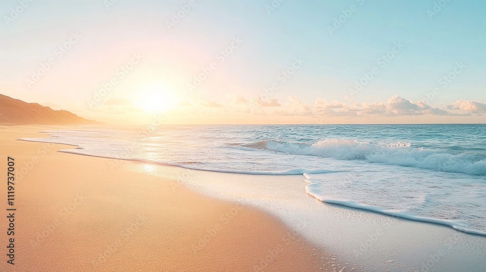 A serene beach scene with golden sand, sparkling ocean waves, and a vibrant sunrise.