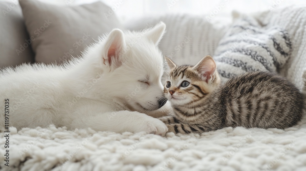 White puppy and tabby kitten cuddling on a soft blanket. White puppy and tabby kitten cuddling on a soft blanket.