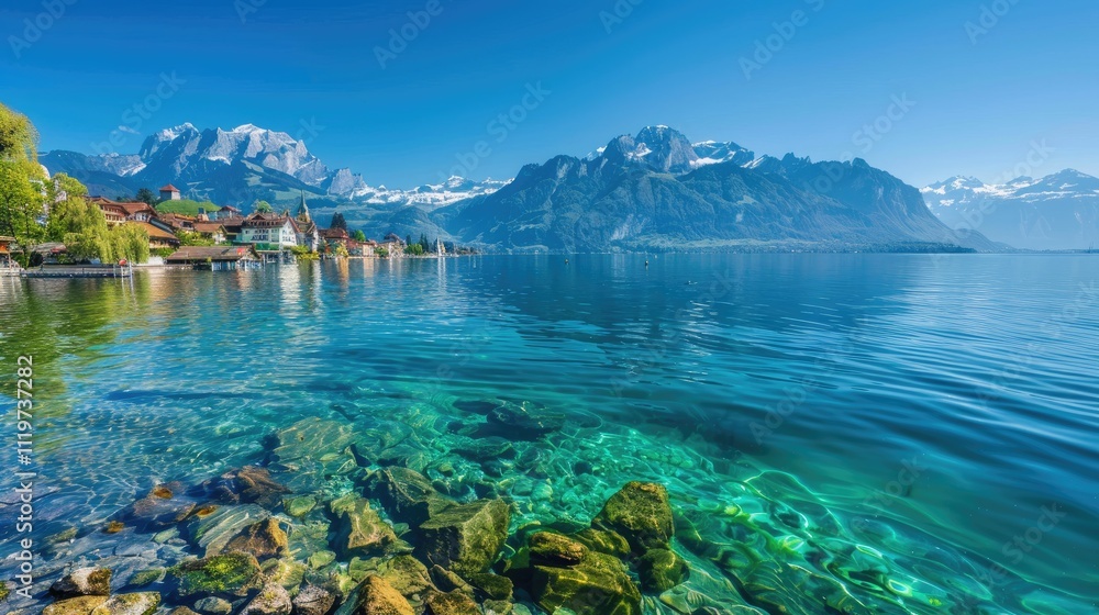 Fototapeta premium A serene view of Lake Lucerne with crystal-clear waters, surrounded by majestic mountains and quaint villages