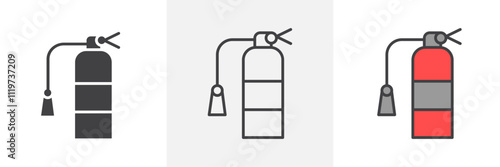 Fire extinguisher icon collection in black and colored style.