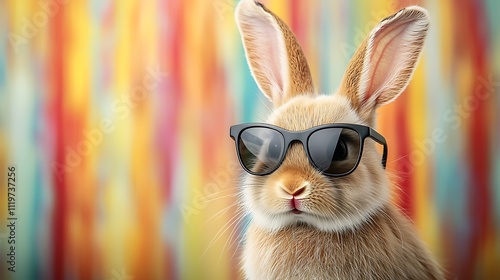 Wallpaper Mural A trendy bunny with sleek sunglasses sits against a vibrant background filled with a variety of bold and contrasting colors, adding a stylish and fun touch to the overall image. Torontodigital.ca