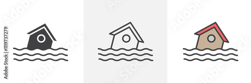 Flood icon collection in black and colored style.