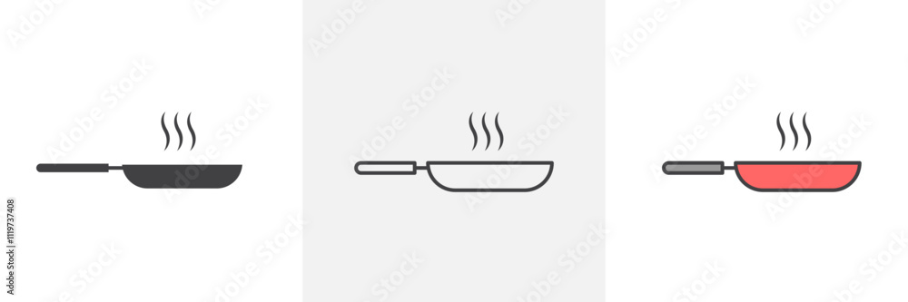 Frying pan icon collection in black and colored style. Frying pan icon collection in black and colored style.
