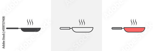 Frying pan icon collection in black and colored style.