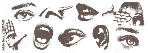 Elements for retro collage with the effect of halftone strokes for design.  Eyes, mouth, face, hand, ear in a trendy color. Vector.