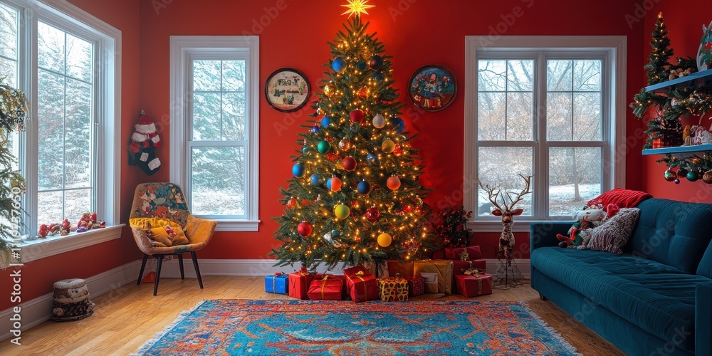 Obraz premium Warm holiday cheer fills a cozy living room with a beautifully decorated Christmas tree and festive decorations