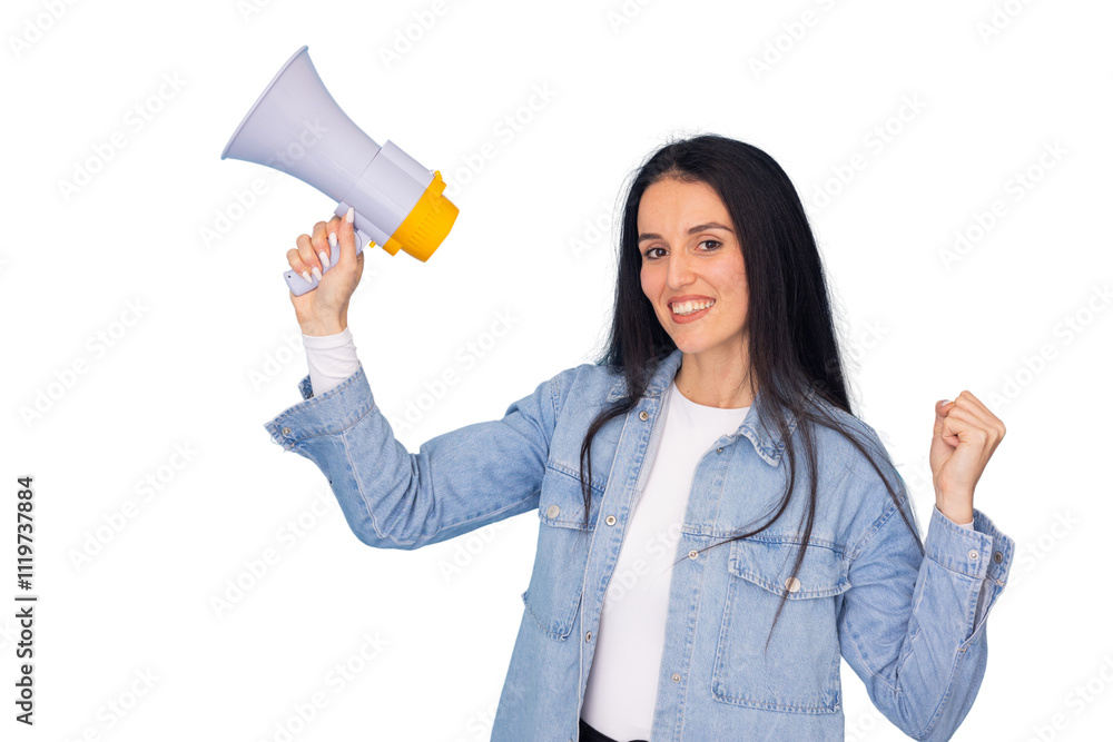 Young woman holding megaphone with confidence Young woman holding megaphone with confidence