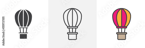 Hot air balloon icon collection in black and colored style.