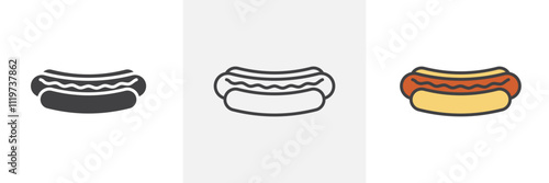 Hot dog icon collection in black and colored style.