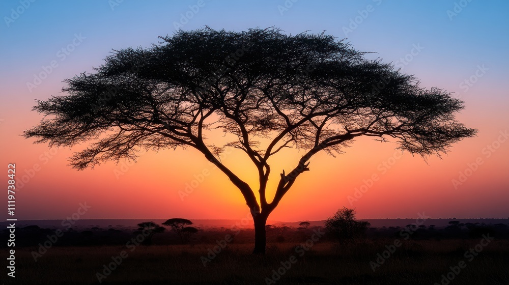 Silhouette of a tree in a savanna during a vibrant sunrise. Silhouette of a tree in a savanna during a vibrant sunrise.