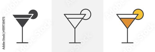 Martini glass icon collection in black and colored style.