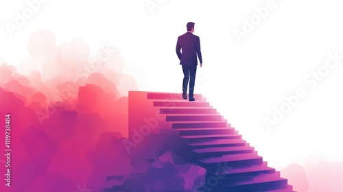 Businessman climbing stairs towards goal, business progress, abstract modern illustration, isolated on white background