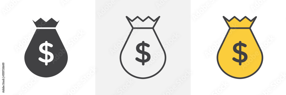 Money bag icon collection in black and colored style. Money bag icon collection in black and colored style.