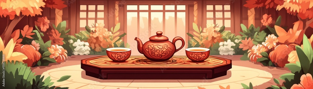A serene tea setup surrounded by autumn foliage in a cozy indoor environment. A serene tea setup surrounded by autumn foliage in a cozy indoor environment.