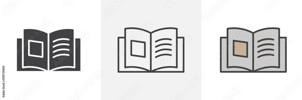 open book icon collection in black and colored style. open book icon collection in black and colored style.