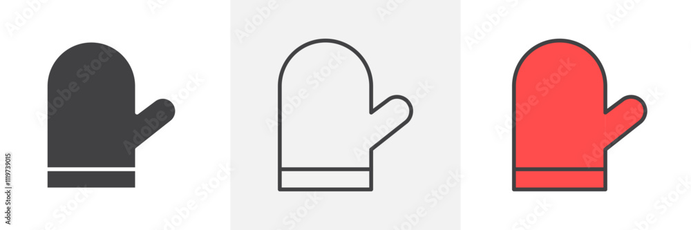 Oven mitt icon collection in black and colored style. Oven mitt icon collection in black and colored style.