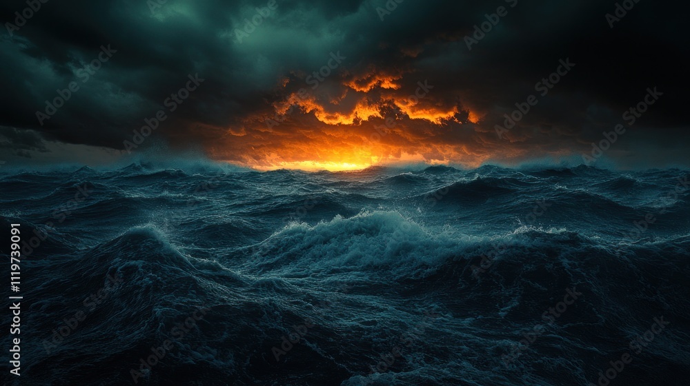 Dramatic stormy seascape with a fiery sunset. Dramatic stormy seascape with a fiery sunset.