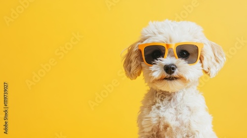 Cute puppy dog wearing sunglasses, yellow background photo