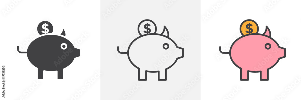 Fototapeta premium Piggy bank icon collection in black and colored style.
