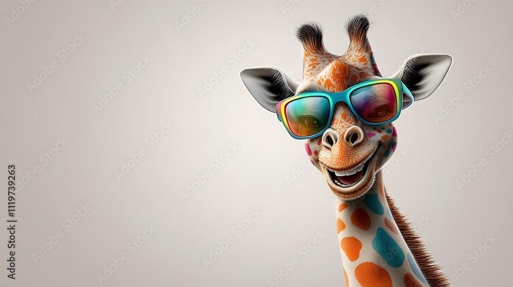 A vibrant and playful cartoon giraffe wearing neon sunglasses, with a multicolored spotted pattern and a big smile, set against a plain white background. A vibrant and playful cartoon giraffe wearing neon sunglasses, with a multicolored spotted pattern and a big smile, set against a plain white background.