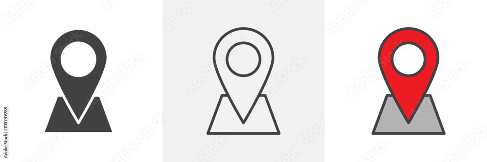 Pin icon collection in black and colored style. Pin icon collection in black and colored style.