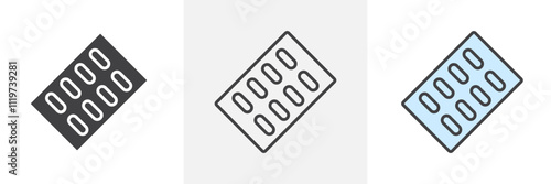 Pill blister pack icon collection in black and colored style.